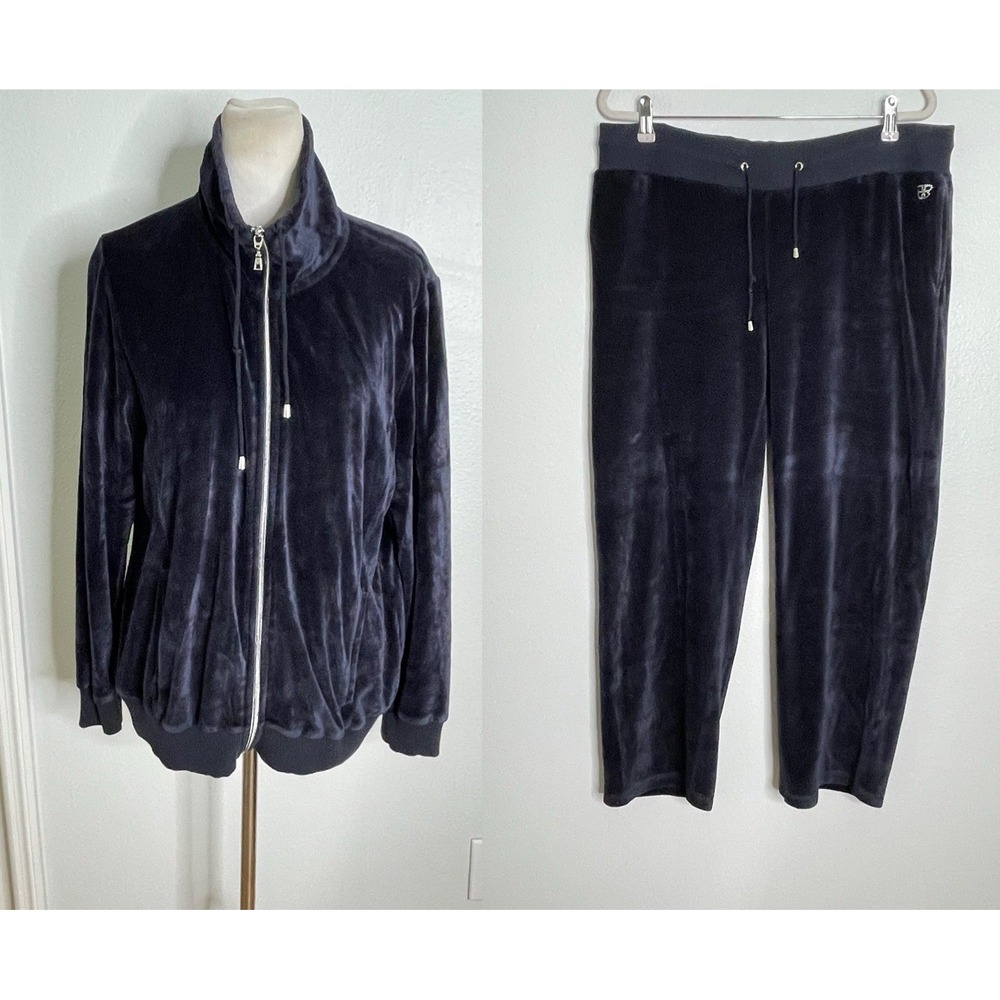 Vtg Y2K Basler  Navy Blue Velour Tracksuit Jacket Pants 2 Piece Set Size US 12